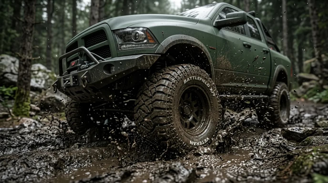 Pickup with Veteran Battlefields XT tires in mud on a forest trail