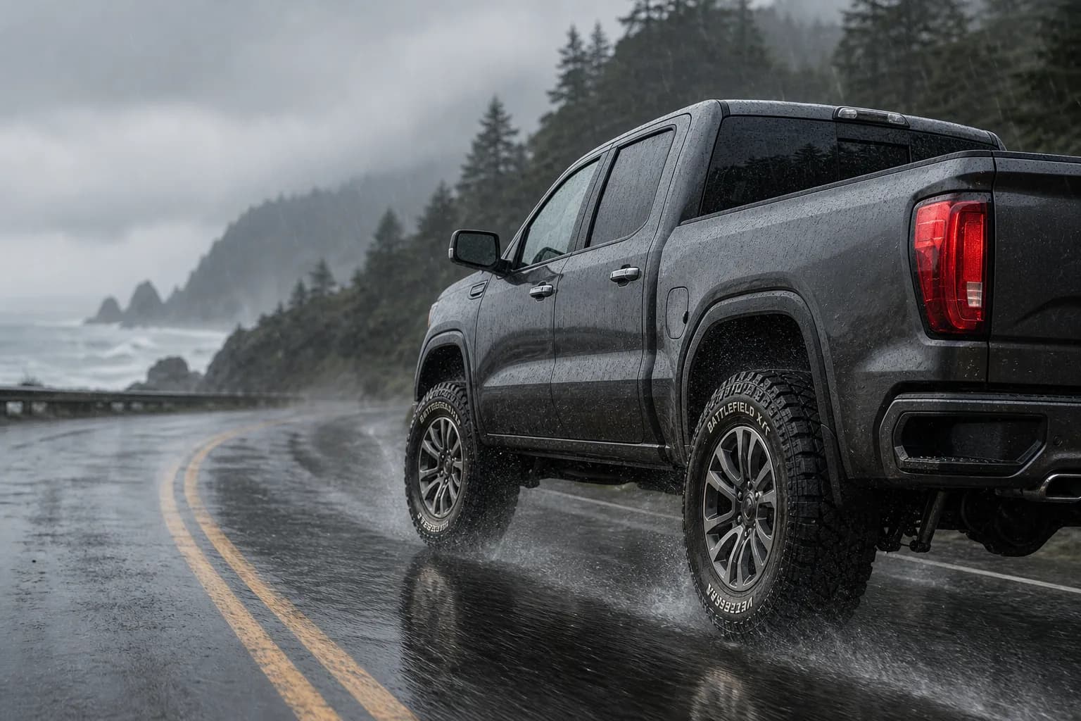 Pickup with Veteran Battlefields XT tires on a wet highway
