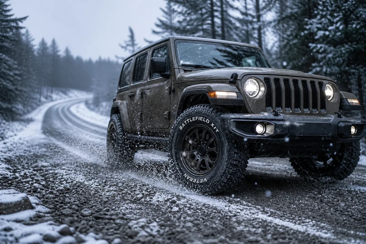Jeep Wrangler with Veteran Battlefields XT tires on a snowy gravel road